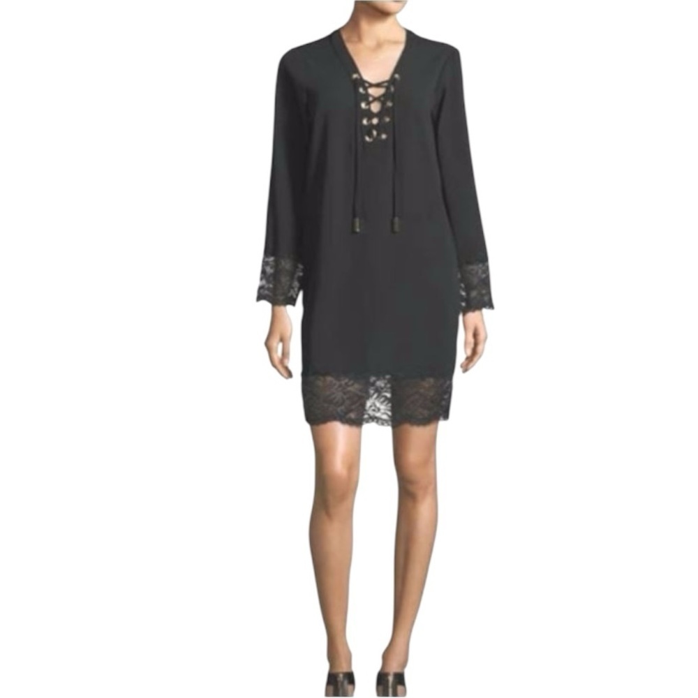 Michael Kors‎ Black Lace Grommet Mini Dress Long Sleeve Tie Front Size 8 Party